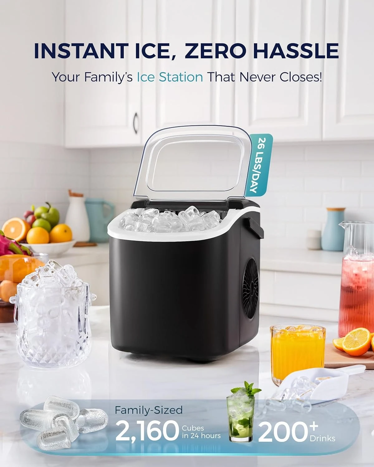 

Countertop Ice Maker Machine with Handle, 26lbs in 24Hrs, 9 Ice Cubes Ready in 6 Mins, Auto-Cleaning Portable Ice Maker