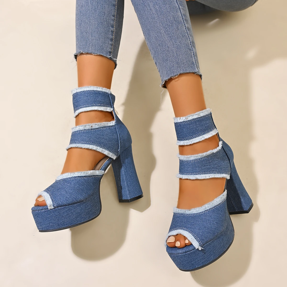 Summer Women Sandals New Platform Blue Denim Ankle Strap High Heels Shoes for Women Fashion Outdoor Sexy Peep Toe Sandals Women view 6