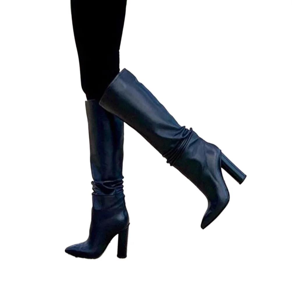 Surkova Designer Black Leather Chunky Heel Pointed Toe Knee Boots Pleated Slip-on Dress Shoes Women Outdoor Gladiator Pumps