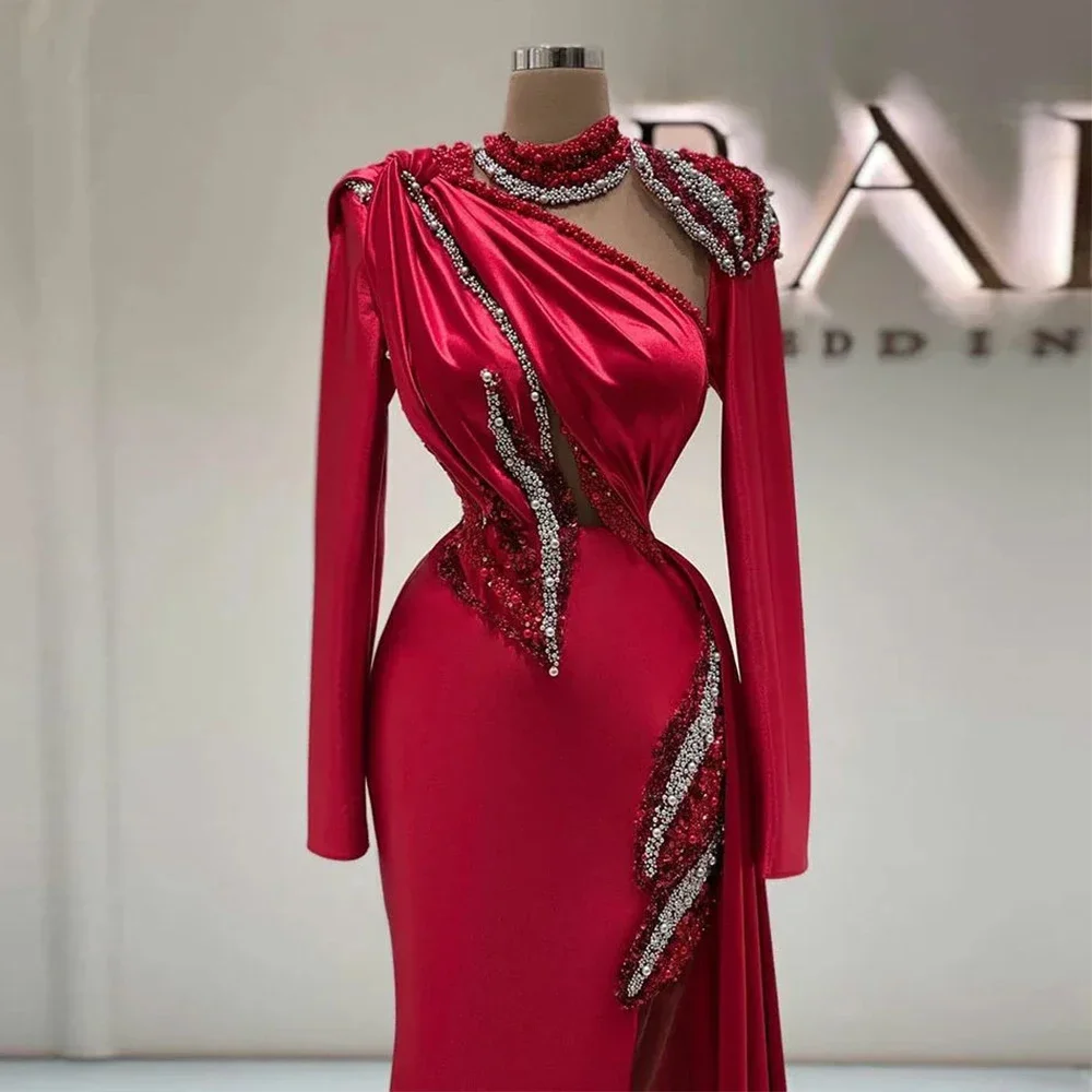 Exquisite Beading Burgundy Evening Dresses Mermaid High Collar Long Sleeves Sexy Split Prom Formal Party Gowns With Sweep Train