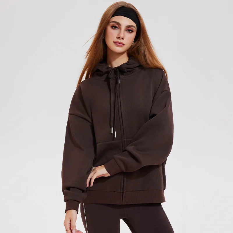 Autumn/ winter sports jacket fleece yoga coat casual loose hooded fitness jacket running fitness zip sweater yoga jacket women