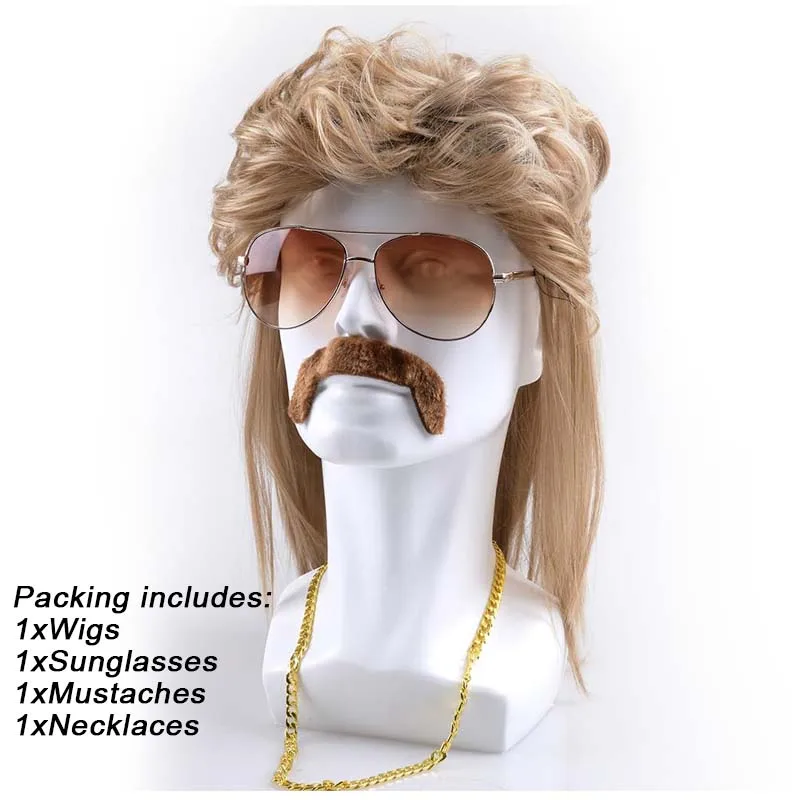 80s Disco Golden Brown Wig Set with Sunglasses & Mustache