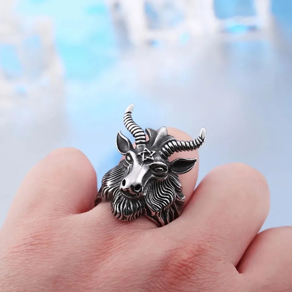 New Simple Vintage Trend Satanic Goat Ring Men\'s Gothic Lucifer Goat Head Satanic Skull Ring Street Niche Party Boy Jewelry Gift