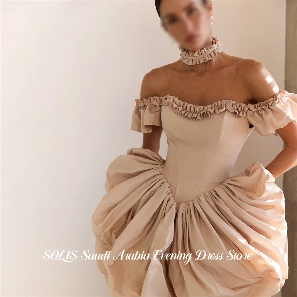 SOLIS Nude Off Shoulder Ruffled Sweetheart Prom Gown Corset Choker Satin Evening Dress Elegant Party Dress With Train Customized view 5