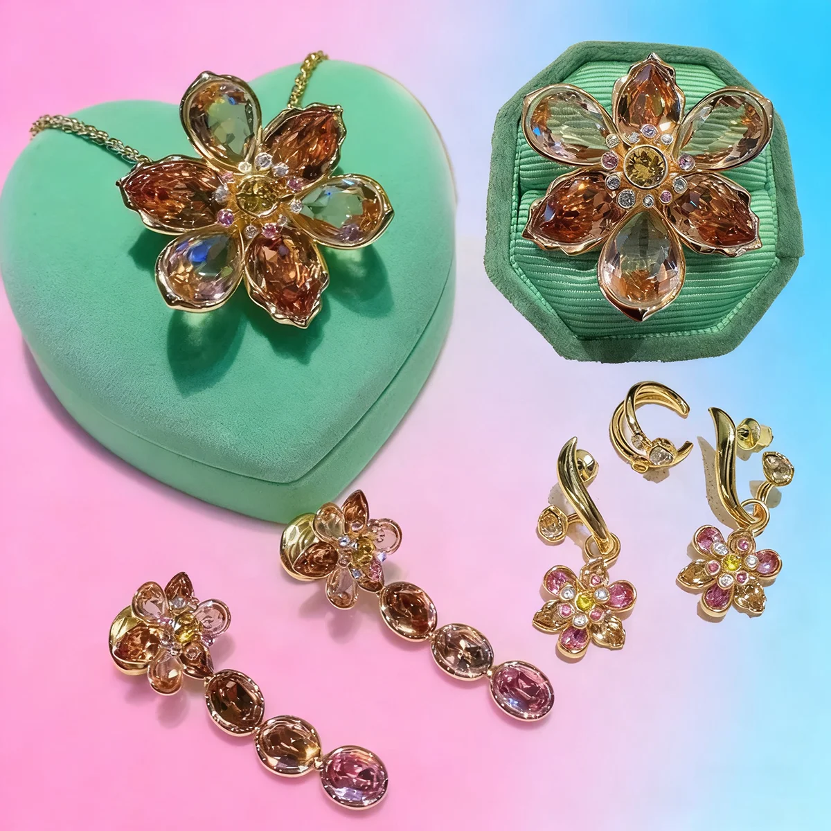 الأصلي 2025 الاتجاه الجديد غرامة مجموعات مجوهرات سحر الذهب زهرة كريستال موضة القلائد حلقة أقراط للنساء هدية للذكرى السنوية #1