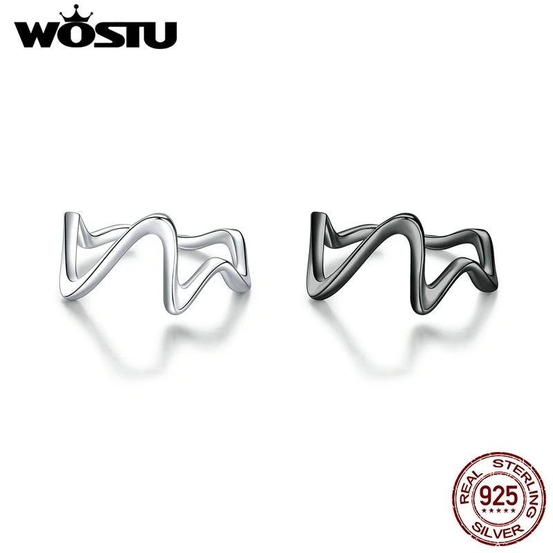 WOSTU 2022 Simple Geometric Wave Open Ring 925 Sterling Silver Black Gold Party Finger Rings Jewelry Punk Gift for Women Girls