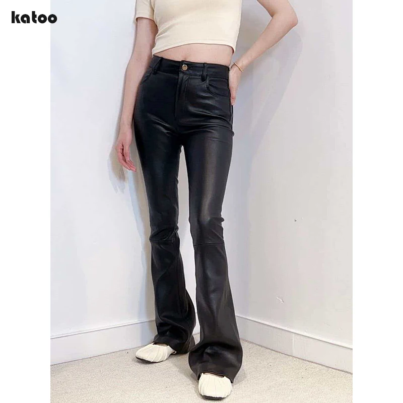 Brown Versatile Stretch Leather Flared Trousers Women High Quality Sheepskin High Waist Slim Full Length Pants Pantalon Femme