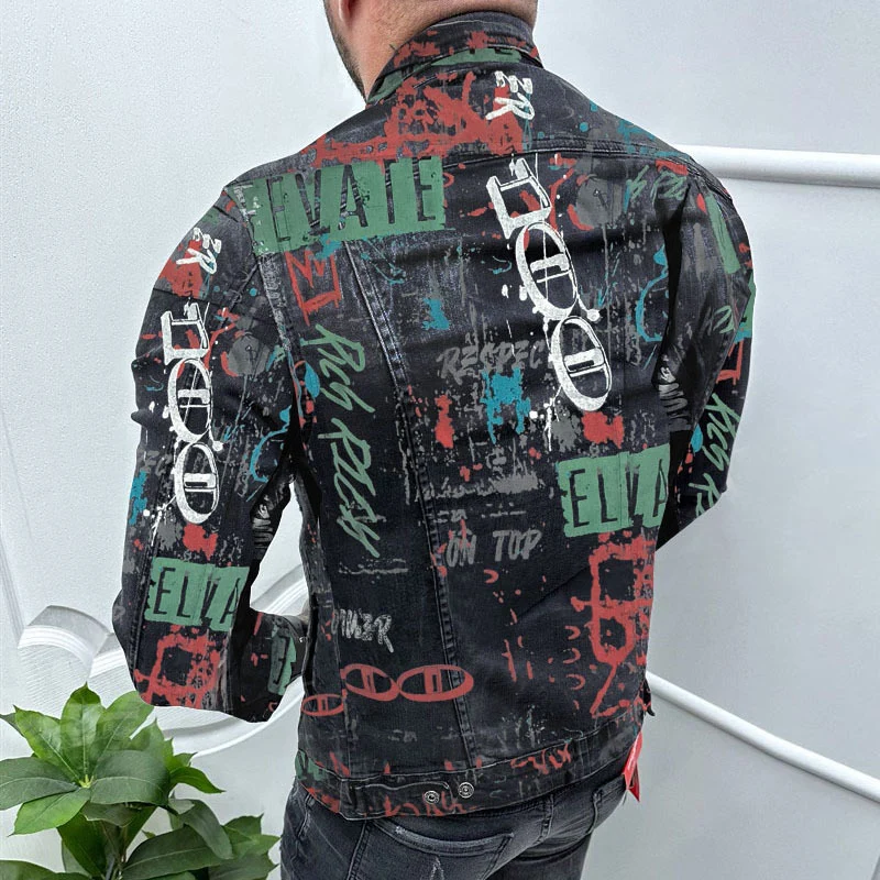 Trendy Mens Letter Printed Denim Jacket Coat 2024 Fall Streetwear Fashion Turn-down Collar Buttoned Denim Coats Men Jean Jackets