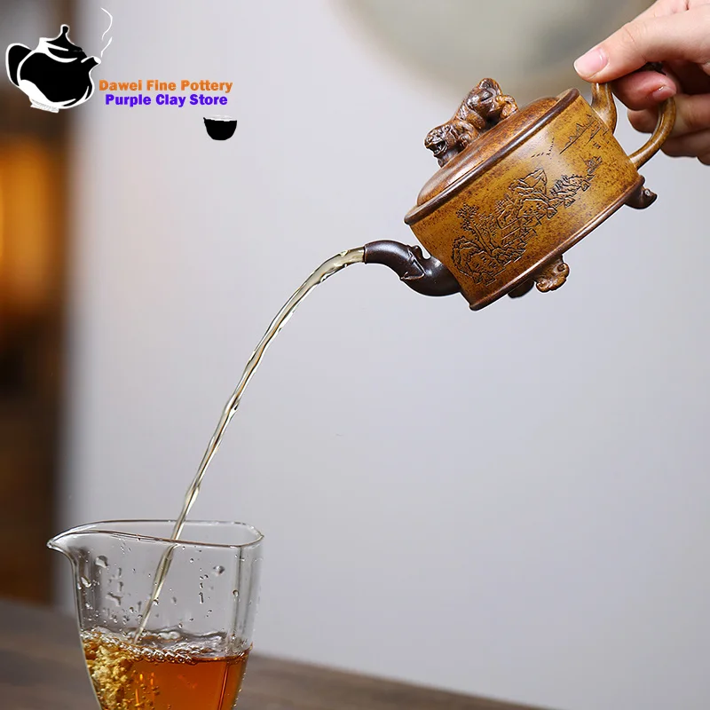 إبريق شاي من الطين الأرجواني من ييشينغ، خام أصلي، عظم التنين، رمل ذهبي، حرق الخشب، نمر مخفي، طقم شاي الكونغ فو، إبريق شاي صيني