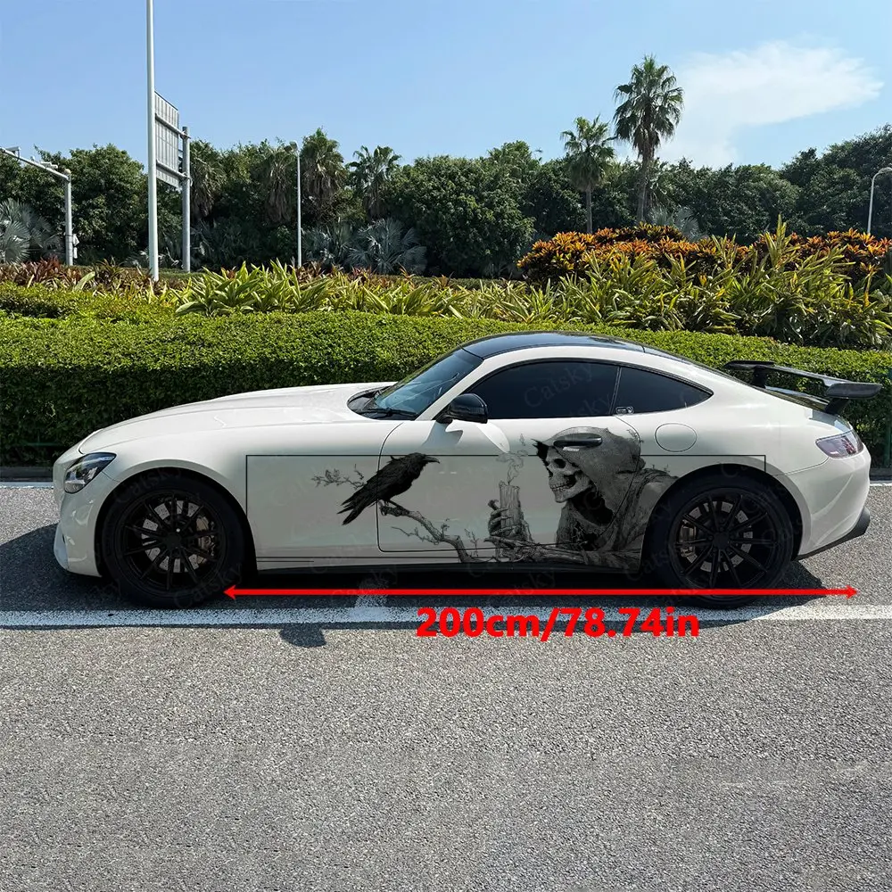 2pcs Branch Raven Hooded Skeleton Car Side Wraps, Self-Adhesive PVC Waterproof & Scratch-Resistant Stickers, Car Accessory Gift