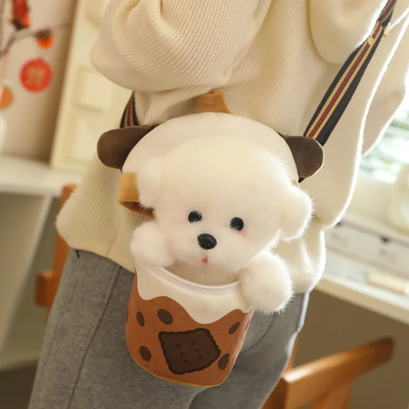 25cm 22cm Cute Milk Tea Cup Dog Doll Shoulder Bag Plush Toy Little Bomei Doll Children'S Birthday Couple Gift Backpack Design