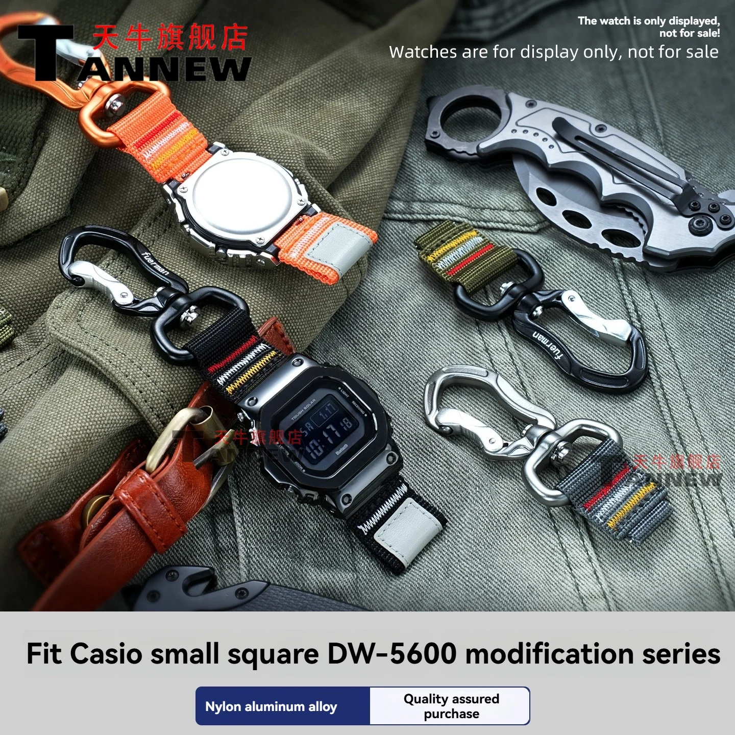 Convert For Casio Watch to Clip Watch, 16mm Quick Release Nylon Strap with Carabiner, Key Holder & Bag Clip Multi-Function Band