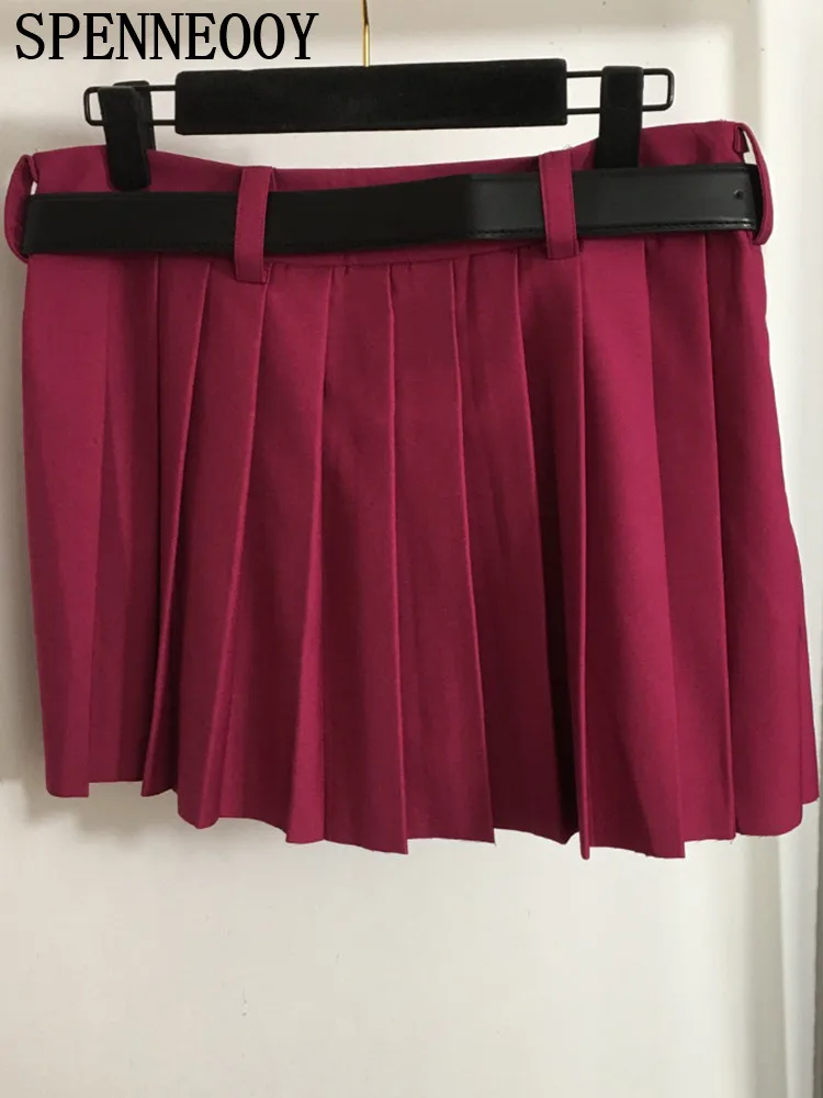 Spenneooy Fashion Designer Summer Rose Red Color Sexy Mini Skirt Women's Party Low Waist Belt Slim A-Line Pleated Short Skirt