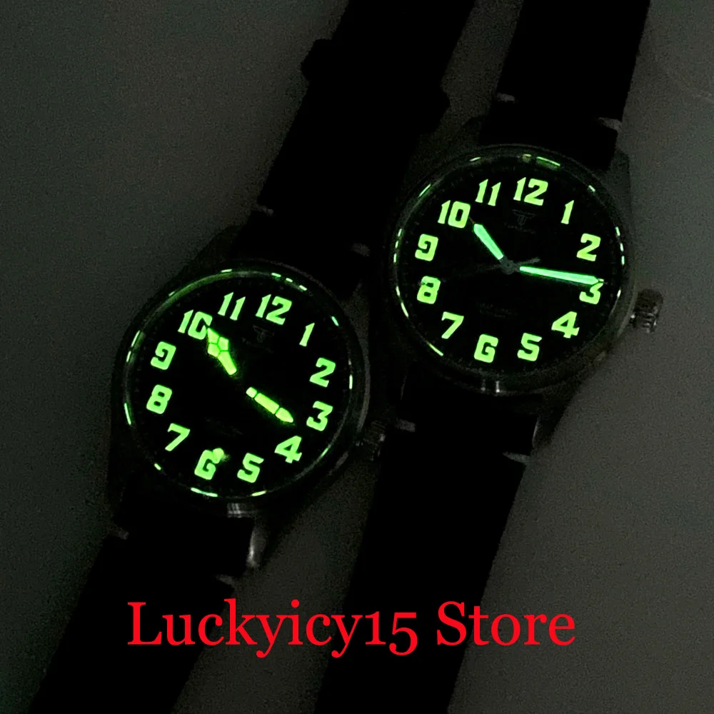 Tandorio Automatic Pilot Watch 39MM Japan NH35/PT5000 Movement Wristwatch Leather Strap Sapphire Green Lume Vintage Black Dial