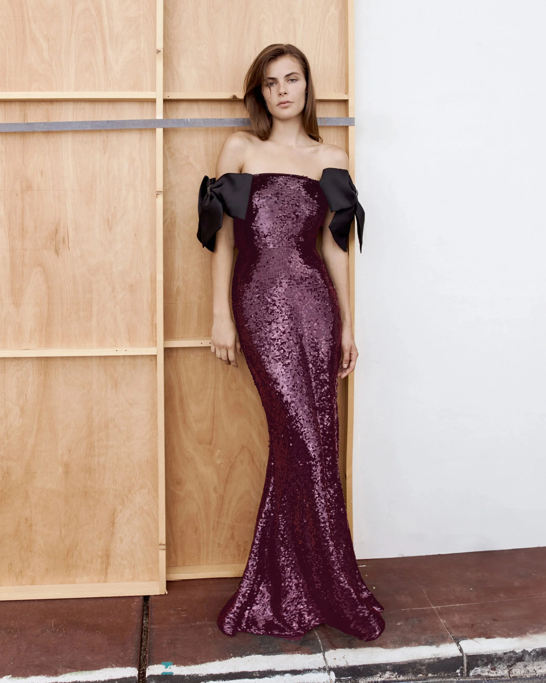 

High-Quality Summer Coffee-Color Illusory Bead Long Evening Dress One-Shoulder Black Bowknot Ball Gown Tail Dress
