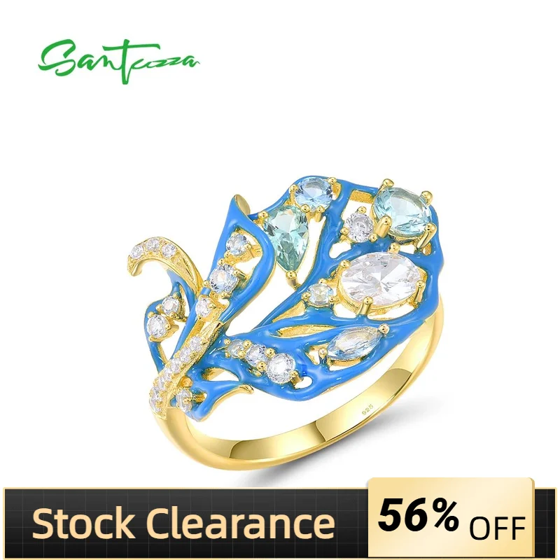 

SANTUZZA Real 925 Sterling Silver Leaf Ring For Women Sparkling White CZ Green/Blue Spinel Wedding Fine Fashion Enamel Jewelry