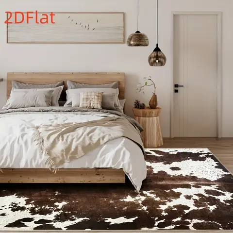 Print Rug Cowhide 2D Flat Cowhide Print Flannel Area Rug Non Slip Faux Leather Texture Carpet for Living Room Bedroom Ranch StyleFloor DecorRustic