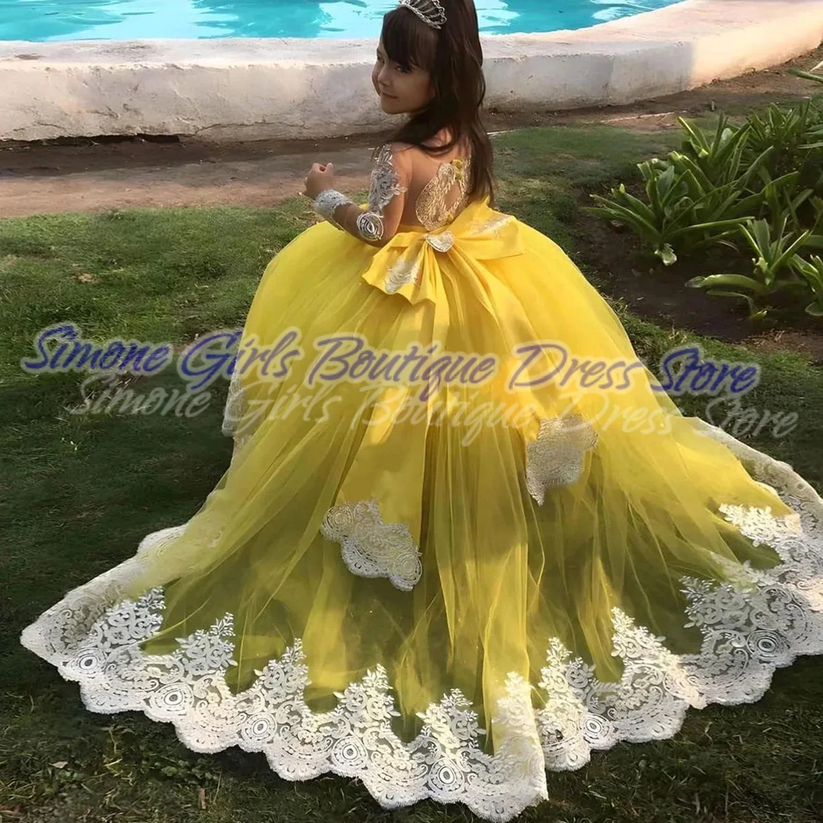 Long sleeves Yellow embroidered princess dress Flower Girl Dress for birthday party Wedding Ceremonies Formal Receptions Parties
