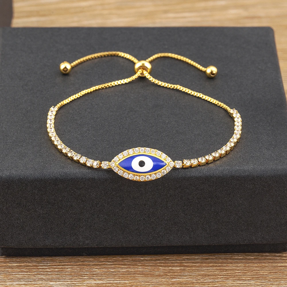 Nidin vendita calda CZ Evil Eye bracciale a catena a maglia per le donne blu scuro/rosso/nero colore bianco pietra turchia gioielli regalo regolabile