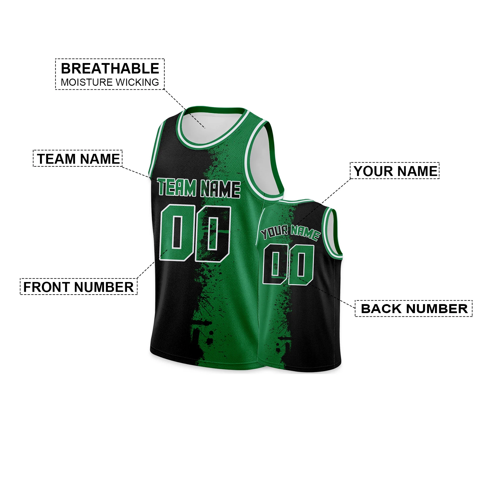 Custom Basketball Jersey Black Green Personalized Printed Team Name Number Hip Hop Sports Uniform for Men Women Youth Kids