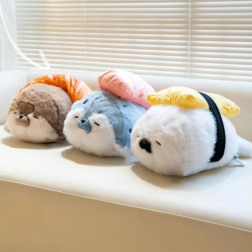 Peluche de focasa marina con temática de comida, estilo japonés, de 40 cm, grande, realista, con diseño de camarón frito, muñeco suave.