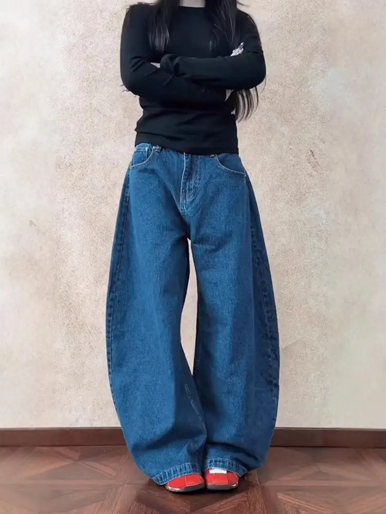 

Retro Large Size Deep Blue Faded Knife Jeans Women's Autumn Winter Loose Wide Leg Casual Floor Length Trousers Trendy