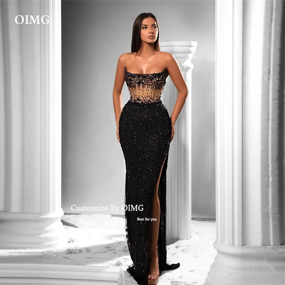 OIMG Sparkly Black Lace Mermaid Evening Dresses Strapless Diamond Beads Split Dubai Women Prom Gowns Formal  Occasion Dress