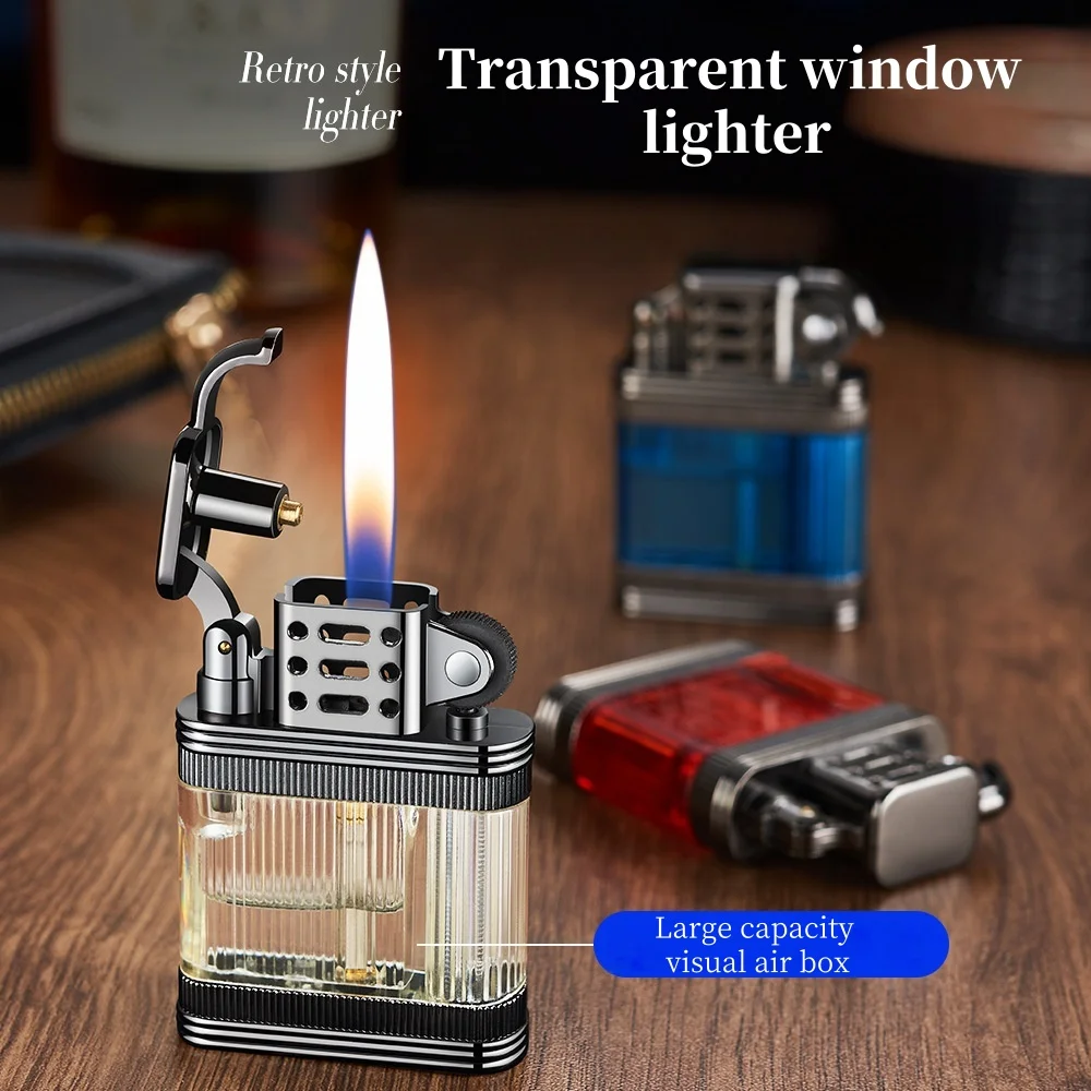 

New Transparent Gas Chamber Lighter Alloy Material Grinding Wheel Lighter High Quality Metal Leather Pattern Cigarette Lighter