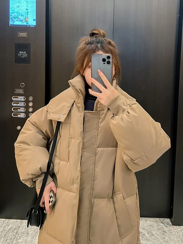 Women's Winter 2025 Outerwear Korean Loose Long Knee Length Solid Hooded Jacket Long Thickened Down Cotton Bread Style Coat - Image 6