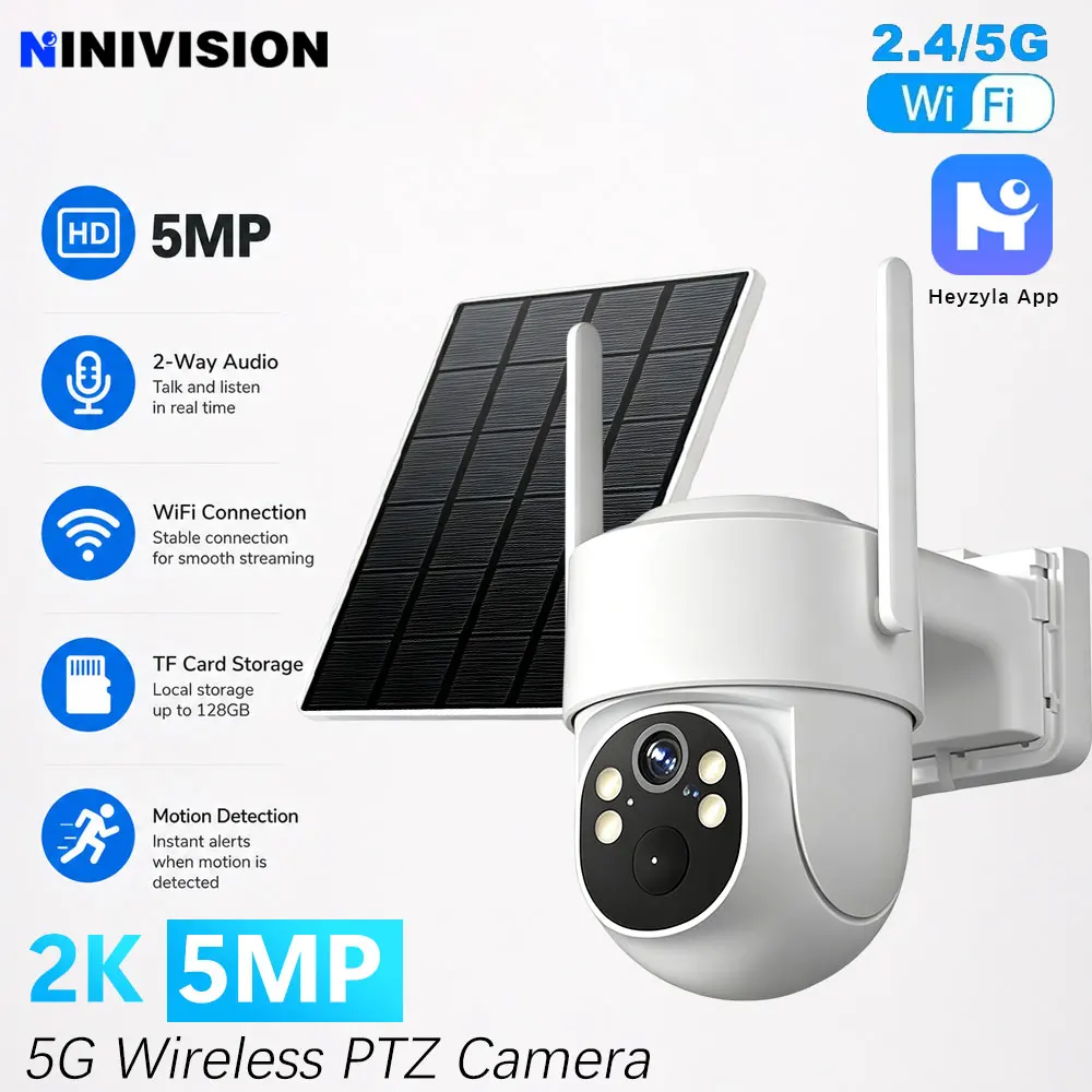 5GHz WiFi 5MP Outdoor Solar Safety PTZ Camera Suitable For Home Security PIR Detection Two-Way Audio CCTV Built-in 4000 Battery