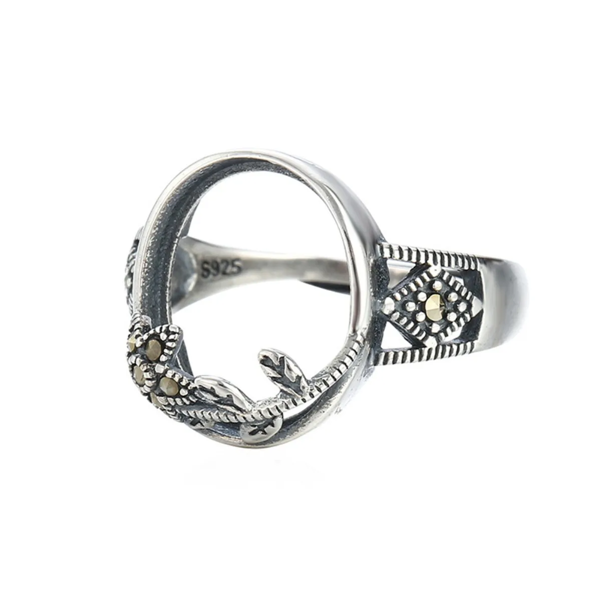 Ring Blank (12x15mm Oval Blank) Adjustable 925 Silver Rhinestones Antique Style Ring Setting for Oval Cabochon