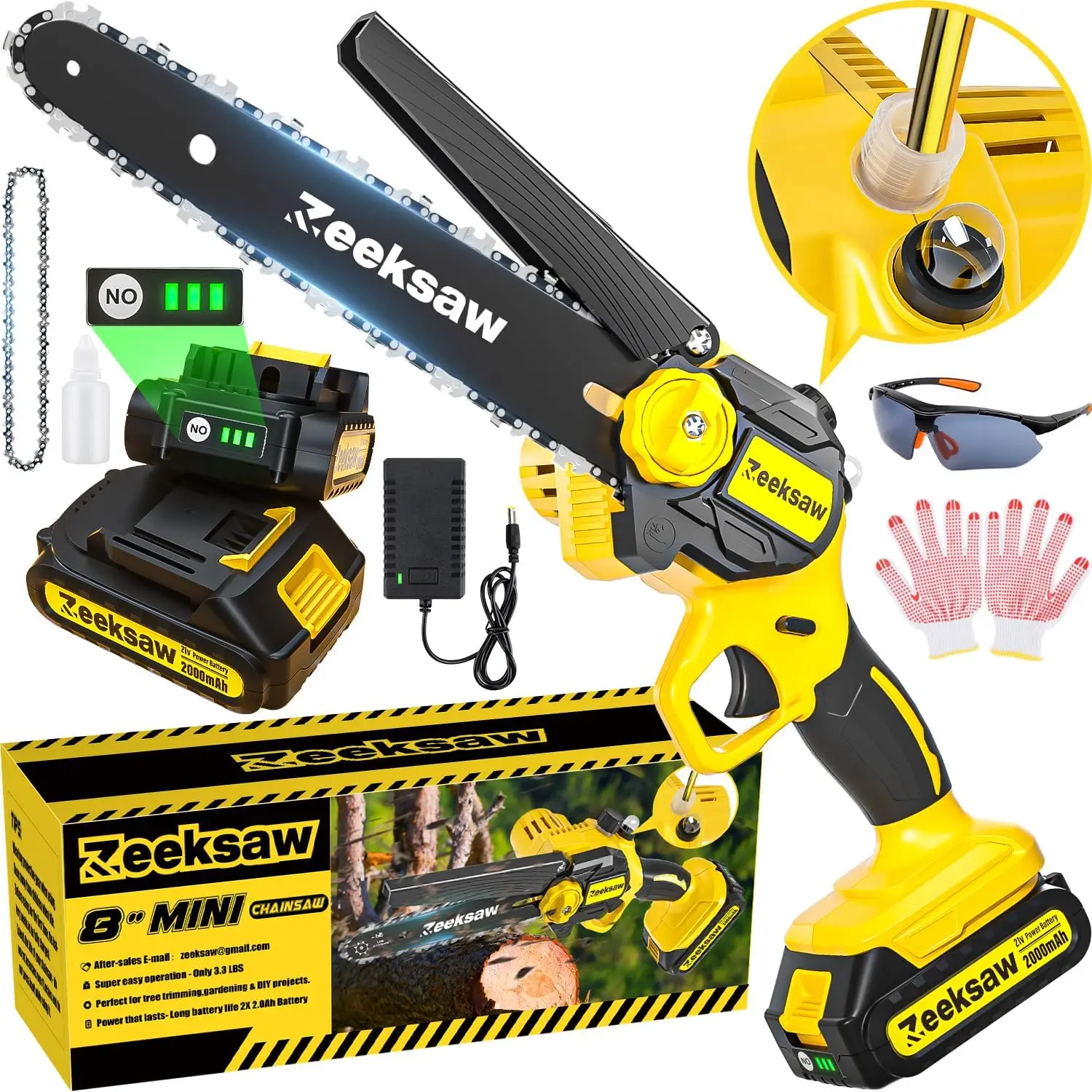 

Мини-пила цепная аккумуляторная, 8 дюймов, автоматическое цепное натяжение, 21 в макс. * перезаряжаемая аккумуляторная бензопила с батареей 2x2.0Ah