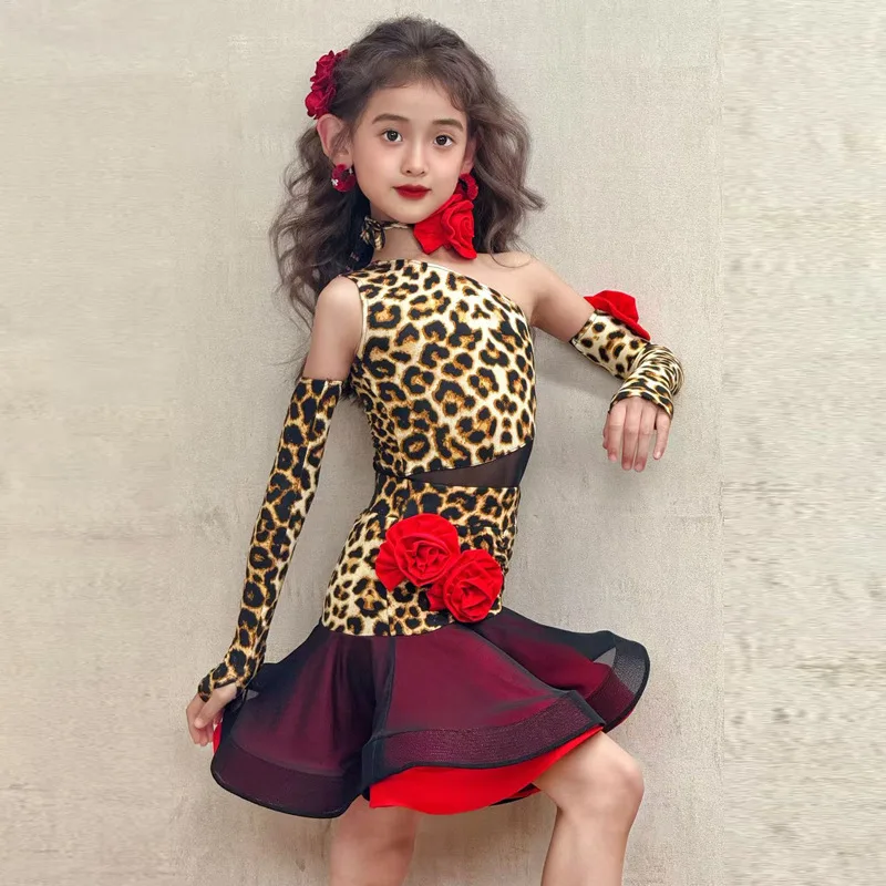 فستان رقص لاتيني مخصص للأطفال بطبعة الفهد ملابس ممارسة شبكية ملابس أداء للفتيات فستان قاعة الرقص بدلة قياسية