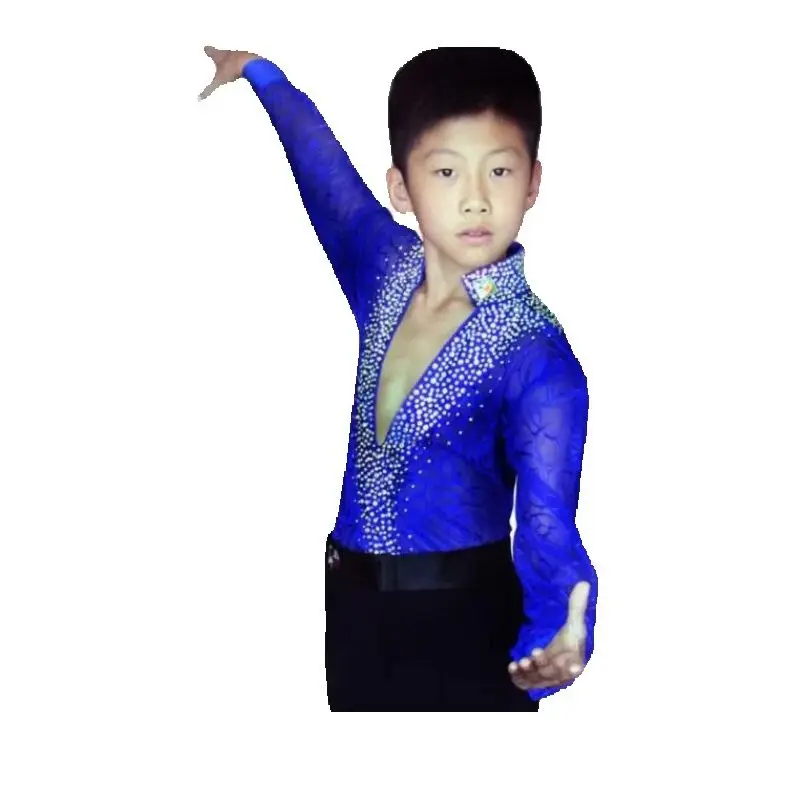 1set/lot children boy latin dancing costumes boy long sleeve sequin top and long black pants