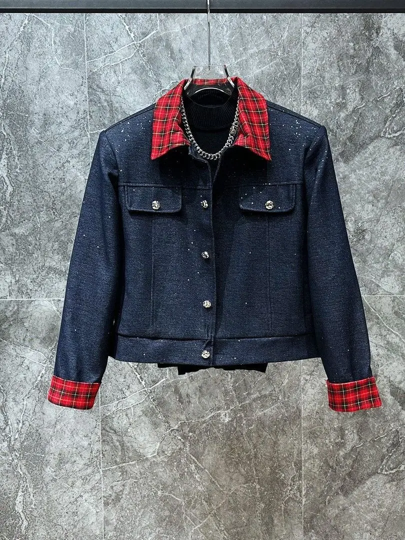 

Fall Faionable Plaid Patchwork Men's Jaet Coat Sli Collar Stand up Loose Fit Casual Sle Polyester Cotton Blend