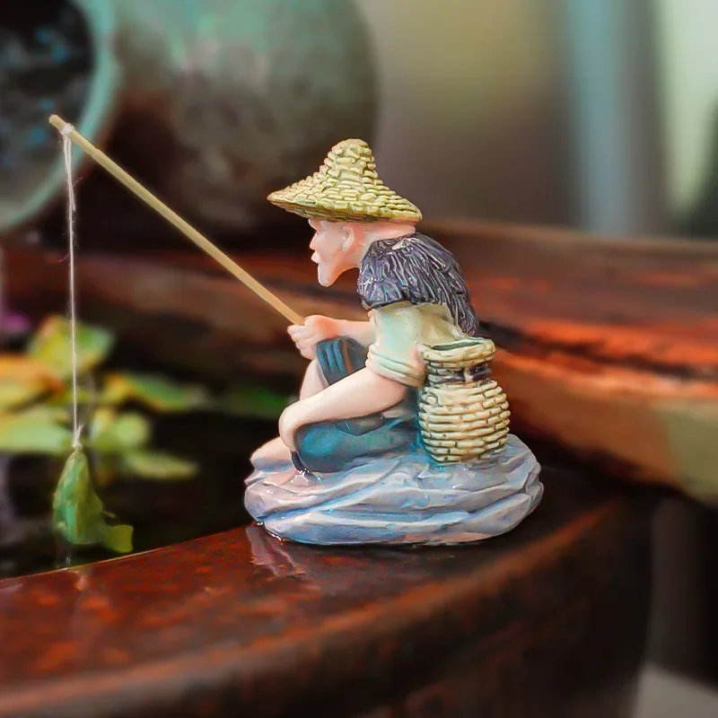 Fishing Old Man Resin Statue Miniature Fisherman Landscape Scene Pool Crafts Outdoor Sculpture Office Home Desktop Decorations