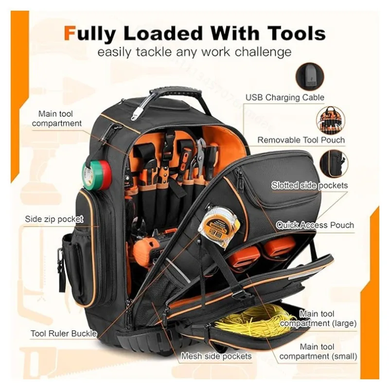 Heavy Duty Rolling Tool Backpack with Wheels & Molded Base, Wheeled Tool Bag for Electricians & Construction Sites