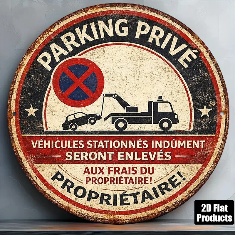 2D Metal Sign 8x8in Round Aluminum Parking Private Sign Retro No Parking Tow Away Decorative Plaque for Garage Bar Cafe Gift