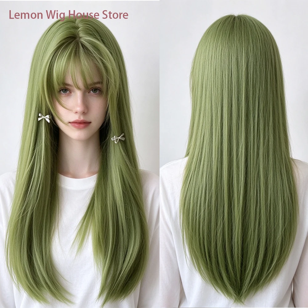 Green Long Straight Wig with Bangs Natural Layered Synthetic Wig for Women Cosplay Wig Lolita Party Halloween Costume Wigs Парик