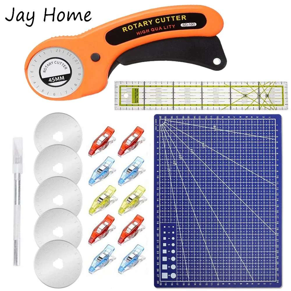 15Pcs 45mm Rotary Cutter Kit & Cutting Mat & Patchwork Ruler & Sewing Clips for Cloths Fabric Leather DIY Sewing Craft Tools