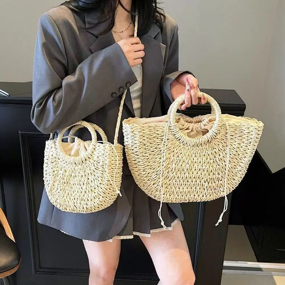 Woven Straw Handbag Summer Beach Shoulder Bag Handmade Paper Rope Half Moon Purse Retro Casual Tote Fashion Travel Satchel Bag