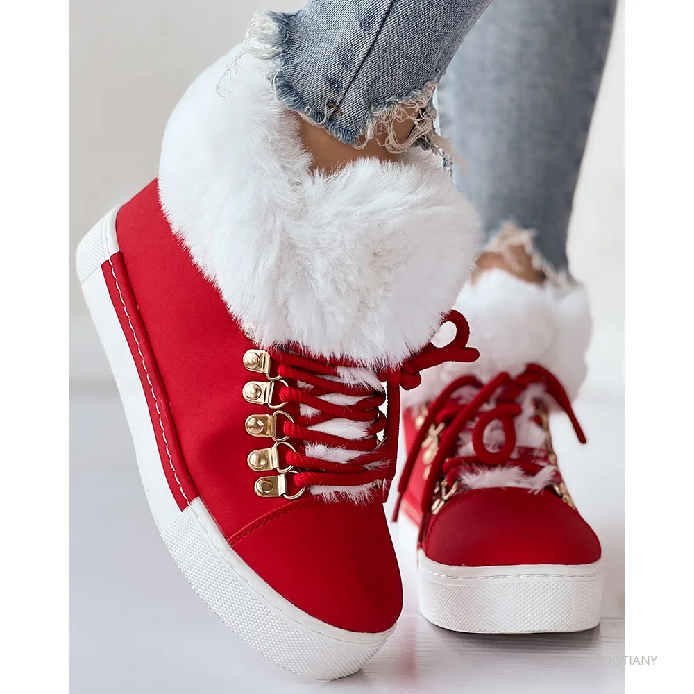 

Christmas Winter Women Lace-up Fuzzy Lined Ankle Boots Casual Color Block Round Toe Flat Ankle New Year's Day Snow Boots