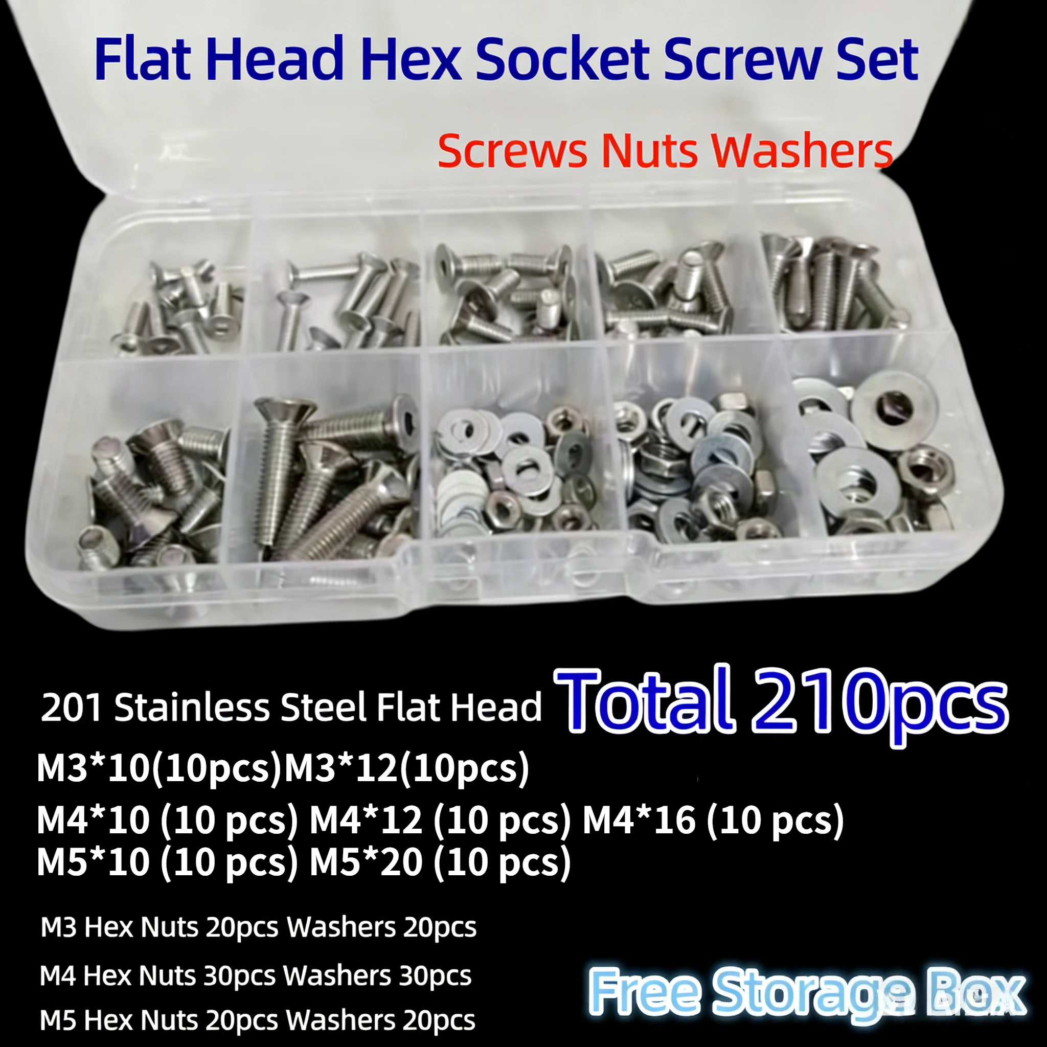 M3 M4 M5 M6 201 Stainless Steel Allen Key Head Screw Flat Countersunk head Screws Bolt Nut Washer Set Kit Box