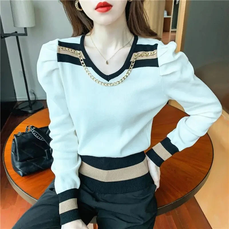 

Fashion Women V-Neck Chain Striped Sweater Thin Slim Long Sleeves Knitted Top Splice Spring Autumn Casual Women Pullovers