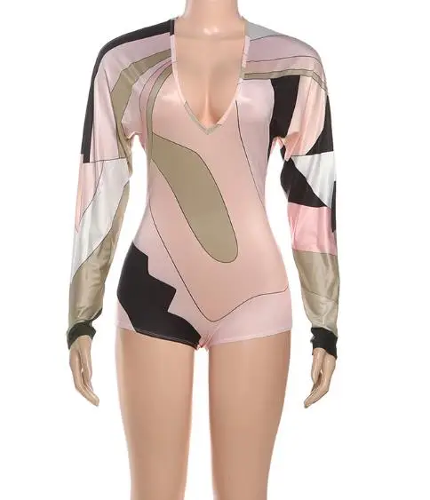 Herfst en winter nieuwe damesmode lange mouwen sexy diepe V-hals kleurblokken slim fit shorts jumpsuit