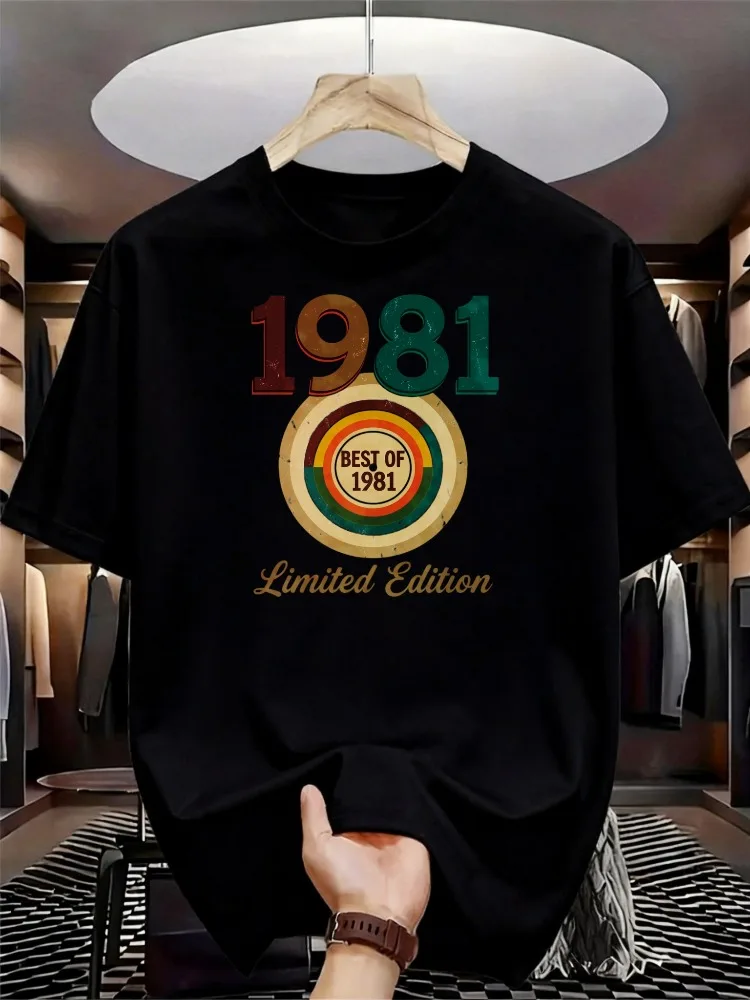 Men Summer Crew Neck T Shirt Vintage 1981 Limited Edition Rainbow Circle Print Casual Loose Streetwear Short Sleeve Fashion Tops