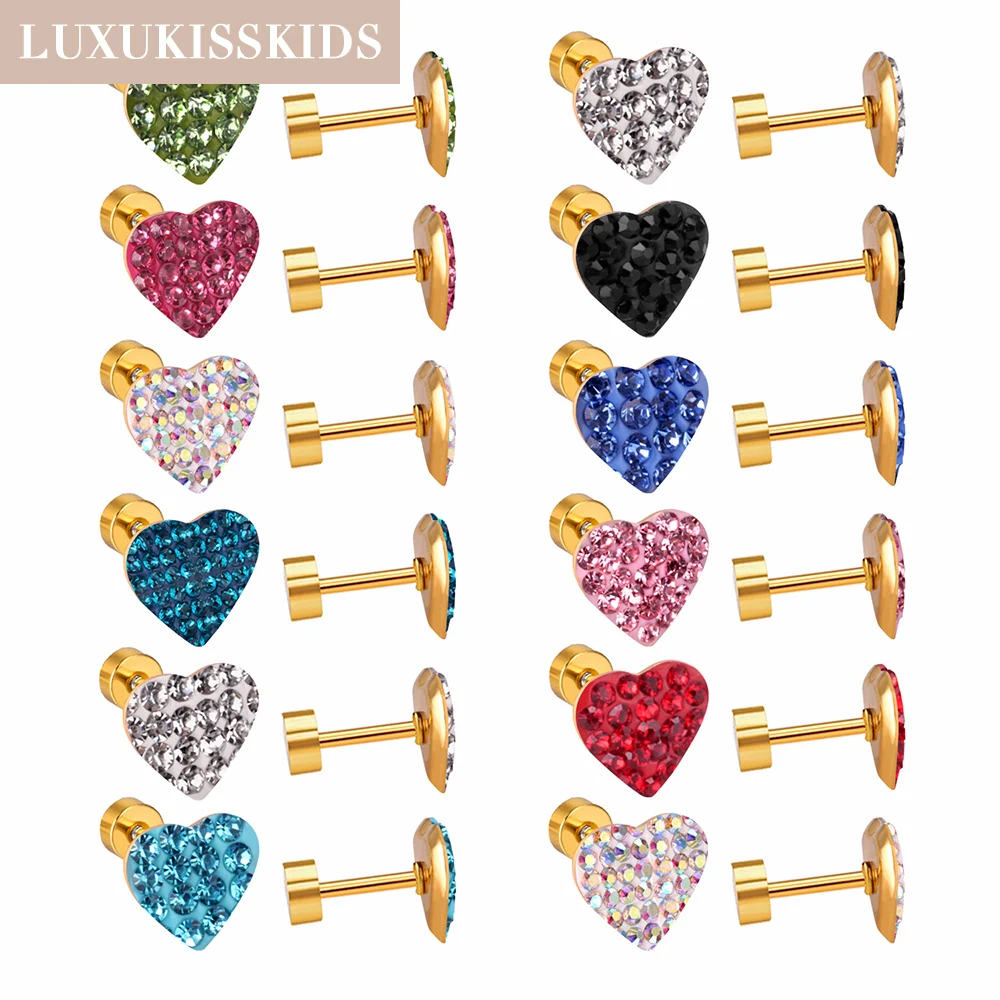 LUXUKISSKIDS 12 Pairs/batch of Simple Colorful Heart Stud Earrings For Girls, Stainless Steel Wholesale Jewelry For Daily Wear