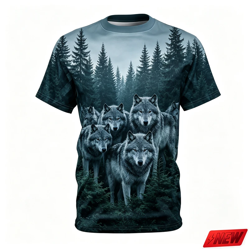 Men 3d Print Forest Wolf T Shirt Realistic Animal Tree Landscape Pattern Short Sleeve Tees Streetwear Loose Summer Outdoor Top