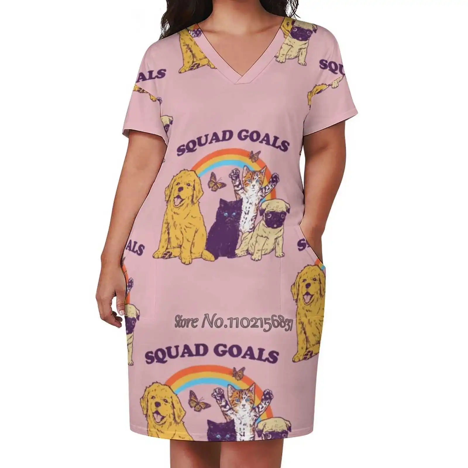 Squad Goals Loose V-Neck Skirt Sexy Short Sleeve Skirt Loose A-Line Dress Light And Breathable Dress Dog Cat Kitten Puppy Doggo