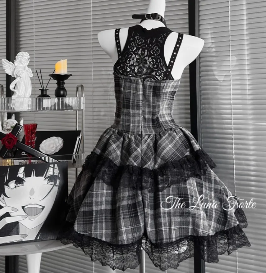 Rock Subculture Dark Lace Suspenders Goth Punk Style Red Black Dress Music Festival Wear Dress For Women